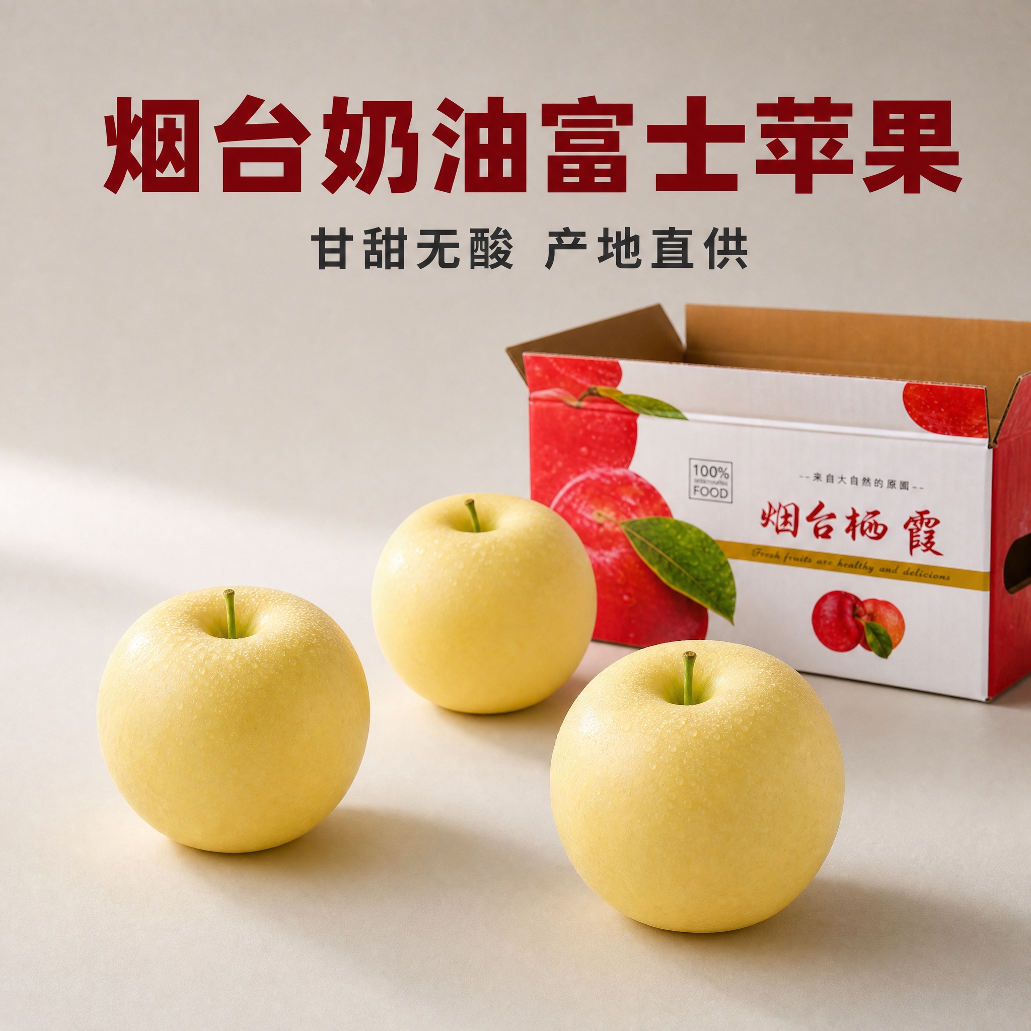 基于提供的烟台奶油富士苹果产品图和包装箱图，生成京东电商主图第… - 图片创意预览