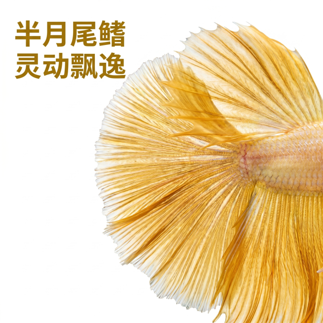 [主图 3] 泰国半月斗鱼细节展示图。
[氛围风格] 高清细节特写，专业种草风格
[画质] 商业微距摄影质感、超高清细节、光线通透、纹理清晰、画面干净
[元素] 对金色泰国半月斗鱼的半月尾鳍进行高清放预览效果