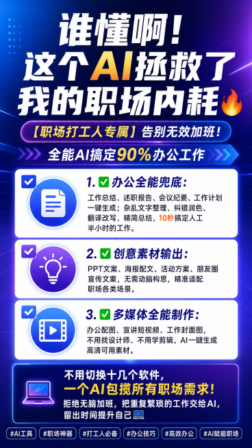 生成一张社交媒体宣传图文，主标题是"谁懂啊！这个AI拯救了我的职场内耗🔥"，副标题是"【职场打工人专属】告别无效加班！全能AI搞定90%办公工作"，正文详细列出三个功能点：✅ 办公全能兜底：工作总结预览效果