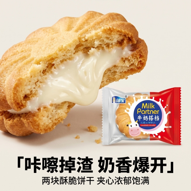 [主图 3] 牛奶夹心饼干夹心细节特写图。[氛围风格] 微距写实质感，突出产品口感；[画质] 商业摄影质感，超高清细节，纹理清晰，画面干净高级。[元素] 咬开一半的牛奶夹心饼干特写，放大展示浓郁绵密牛预览效果