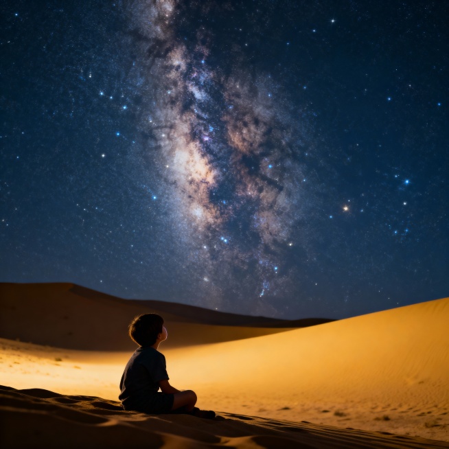 星空、宇宙的深邃图片，或包含孩童仰望、沙漠星空等元素的图，体现探索、哲思与内心维度。预览效果