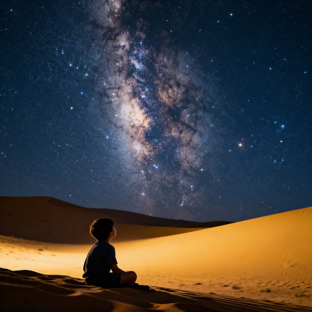 星空、宇宙的深邃图片，或包含孩童仰望、沙漠星空等元素的图，体现探索、哲思与内心维度。