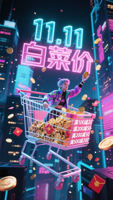 双11大促，一个巨大的透明购物车悬浮在未来都市的空中，内部装满金币和飞舞的红包，霓虹灯字体显示“满100减20、满200减50、满500减200”，一个时尚的赛博朋克风格人物正从购物车中探出身来，向观预览效果