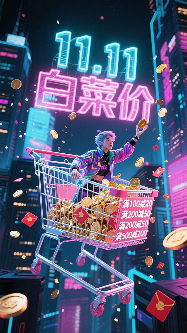 赛博朋克风3D海报，霓虹灯与粒子效果交织，虚拟现实场景中人物乘购物车飞驰，满载金币与红包，突显双11促销狂欢氛围。