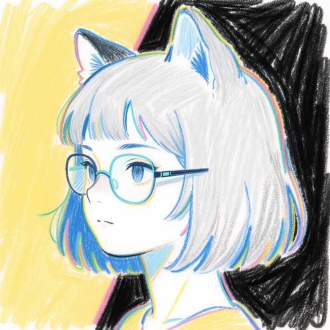 女性头部特写，银灰狼尾短发，冷白皮，蓝色挑染，佩戴未来感无框眼镜，侧脸冷峻表情。预览效果