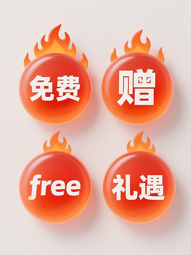 一组四个完全不同元素内容的系列素材集合，每个元素都采用与原图一致的3D立体风格，具有光滑圆润的半透明渐变质感，主色调为明亮的橙红色，顶部带有火焰状装饰，中央分别以白色粗体无衬线字体显示“免费”、“赠”、“free”、“礼遇”字样，元素规整排布在纯色背景上，整体保持统一的视觉风格和免费福利类目的设计感。