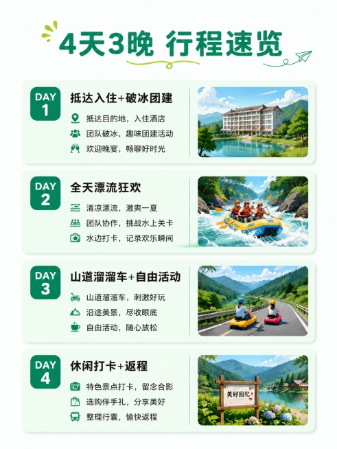 [第3屏] 核心行程概览介绍页，介绍本次4天3晚团建整体行程。[氛围/风格] 清新卡片式行程规划风，简洁明了小红书笔记风格。[元素布局] 顶部主标题，下方按天排列4个行程卡片，每个卡片列出当日核心活动预览效果