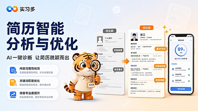 横版宣传图，主题"简历智能分析与优化"。
整体风格年轻活力、专业可信，背景主色为浅蓝到浅橙的柔和渐变，标题字色为深蓝色，辅助字色为深灰色，强调色为品牌橙色，字体为现代无衬线粗体。
画面左侧是主标题区域，大号深蓝色粗体字"简历智能分析与优化"作为主标题，下方有副标题"AI一键诊断 让简历脱颖而出"，再下方有三个优化点："内容完整性检测"、"关键词匹配优化"、"排版专业度提升"。左上角放置实习多品牌Logo。
画面右侧展示简历优化的对比效果：左边是一份普通简历（灰色调，标注有"内容单薄"、"缺乏重点"等问题），右边是优化后的精美简历（明亮色调，标注有"重点突出"、"关键词匹配"等优点），中间用箭头连接表示优化。可爱的卡通老虎IP阿多（毛绒质感，穿浅色衬衫戴实习多工牌）站在旁边，拿着放大镜检查简历，表情认真专业。旁边有一个手机屏幕展示小程序内的"简历分析"界面，有评分和优化建议。
背景有淡淡的文档、放大镜、对勾等元素剪影。
商业插画质感，光线柔和均匀，对比效果鲜明，IP形象可爱立体。
主色调蓝色和橙色，背景浅蓝渐变，文字深蓝色和深灰色，强调色橙色。
文字横排清晰，主标题最大醒目。
16:9横版比例，文字清晰，小程序界面露出，IP形象清晰，Logo准确，负向：变形、错字、模糊、杂乱、水印、平台Logo。