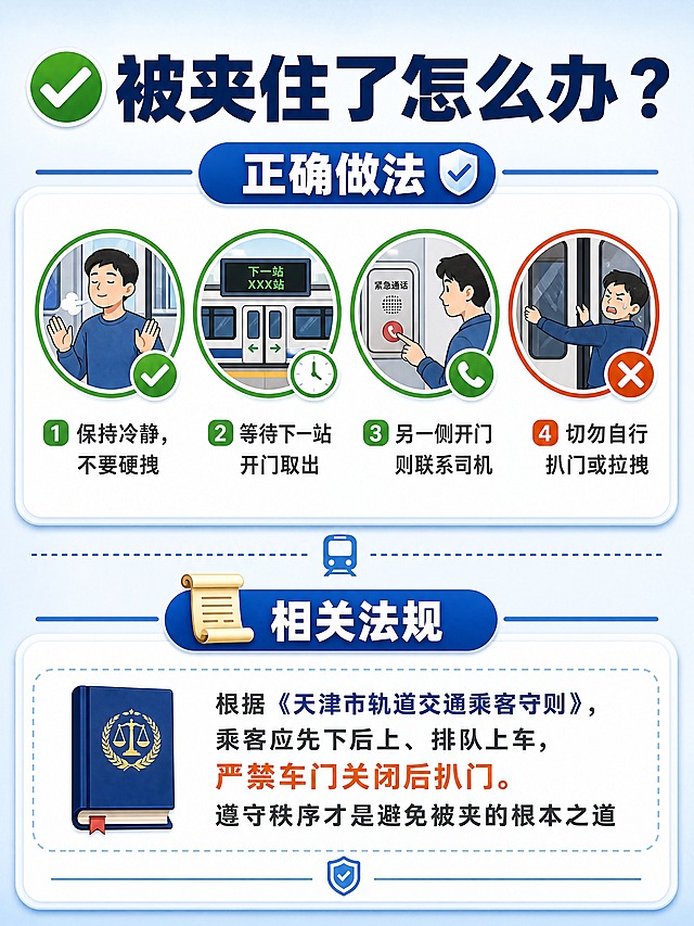 [画面] 科普信息图，上下分栏结构。上半部分是"正确做法"区域，配4个圆形图标分别表示：保持冷静、等待下一站、紧急通话求助、切勿扒门（打叉）。下半部分是"相关法规"区域，配📜卷轴图标和法规条文摘要。整体信息量大但排版清晰有条理。
[视觉] 套系策略：风格=扁平插画+微立体科普风格；标题字=粗黑体醒目大字；正文字=清晰易读的无衬线体；主色=地铁蓝（深蓝）；背景延展=浅蓝到浅灰渐变背景，干净整洁；强调色=警示橙，用于错误做法打叉和重点提示；绿色用于正确做法图标；标题色=深蓝；正文色=深灰；组件=圆角信息卡片、圆形图标、分割线、对勾/叉号；光影=均匀柔光，清晰展示信息。
[文字] 上半部分主标题："✅ 被夹住了怎么办？"，4条做法："1. 保持冷静，不要硬拽 2. 等待下一站开门取出 3. 另一侧开门则联系司机 4. 切勿自行扒门或拉拽"。下半部分标题："📜 相关法规"，内容："根据《天津市轨道交通乘客守则》，乘客应先下后上、排队上车，严禁车门关闭后扒门。遵守秩序才是避免被夹的根本之道"。文字全部横向排版，层次分明。
[规格] 竖版比例3:4，4K分辨率，避免模糊、文字过小、图标含义不清、颜色杂乱
