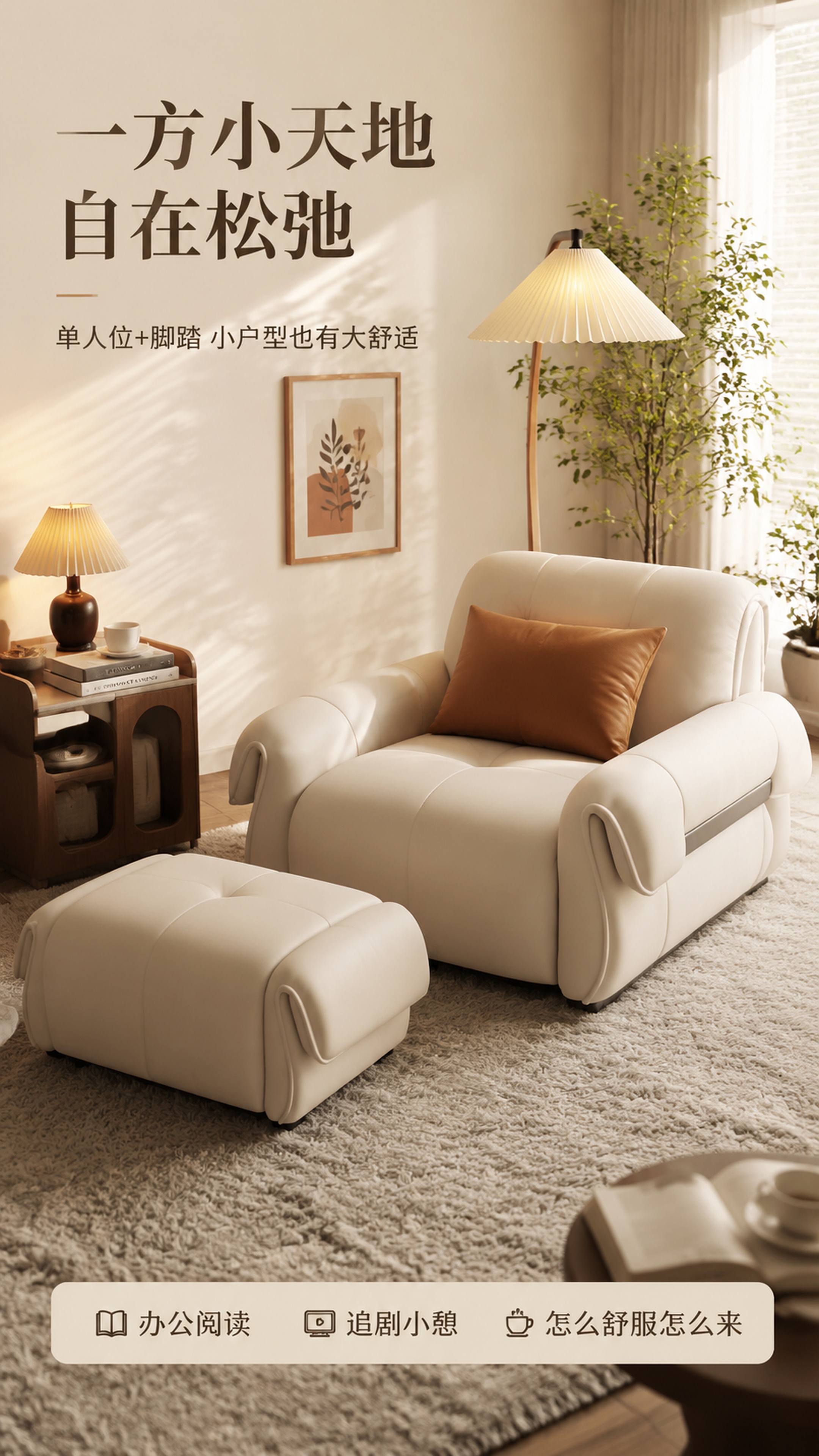 [第7屏] 详情页空间场景-单人位+脚踏小户型休闲区使用场景。… - 图片创意预览