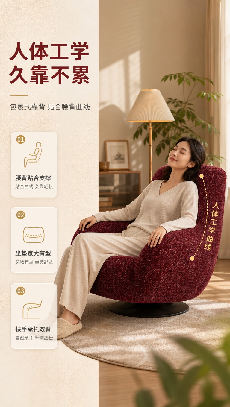 [商品] 使用【图1】酒红色布艺旋转单人休闲椅；保留整体造型、… - 图片创意预览