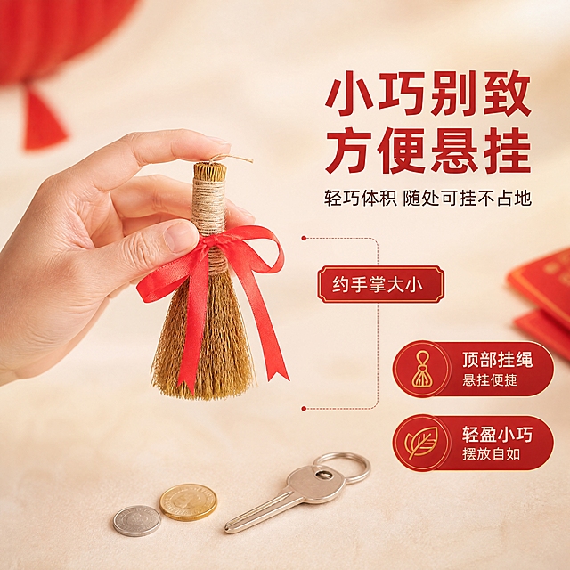 [商品] 使用【图2】稻草小毛刷红绳挂饰手持图；保留挂饰的稻草刷毛、麻绳捆扎手柄、红色缎带蝴蝶结的完整结构与颜色，保留手部持握动作；商品处理：保留手工质感，优化手部与产品比例，突出小巧尺寸。
[画面] 目标为尺寸参照展示，一只手轻轻捏着挂饰手柄展示其小巧尺寸，产品占画面50%，背景为浅米色柔焦，旁边有常见物品（如钥匙、硬币）作为尺寸参照，直观展示挂饰的小巧便携，方便悬挂摆放的特点。
[视觉] 套系策略：风格=中式喜庆温馨商业摄影；标题字=阿里巴巴普惠体粗体；正文字=阿里巴巴普惠体常规；主色=中国红+稻草金棕；背景延展=基于暖红色做深浅渐变、同色系光晕和细腻纸质/织物质感；强调色=金色，仅用于小面积图标、引线和装饰光效；标题色=正红色；正文色=深棕红；组件=圆角红底金边信息卡、细线引线；光影=前侧暖柔光，产品清晰突出。
[文字] 右侧主标题"小巧别致 方便悬挂"，副标题"轻巧体积 随处可挂不占地"，下方标注尺寸参考"约手掌大小"，配2个短卖点："顶部挂绳 悬挂便捷"、"轻盈小巧 摆放自如"，文字区不遮挡产品和手部。
[规格] 图片比例1:1正方形，4K，medium，避免变形、错字、文字过小、冷蓝背景、产品颜色改变、结构失真、极限词、违禁词、小标致图案。