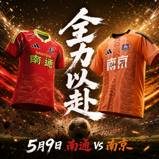 热血足球对战主题海报，完整保留红色南通球衣和橙色南京球衣的全部原有细节，左右对峙排布，背景为飞扬足球粒子与金色光效的热血竞技场景，中央用醒目的白色毛笔书法大字突出“全力以赴”，底部标注赛事信息“5月9预览效果