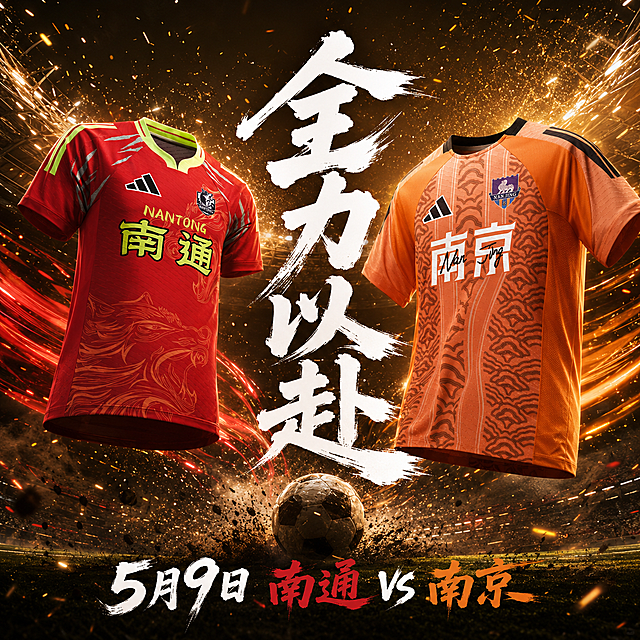 热血足球对战主题海报，完整保留红色南通球衣和橙色南京球衣的全部原有细节，左右对峙排布，背景为飞扬足球粒子与金色光效的热血竞技场景，中央用醒目的白色毛笔书法大字突出“全力以赴”，底部标注赛事信息“5月9日 南通vs南京”，整体氛围充满赛场拼搏的热血氛围感，动感光影效果