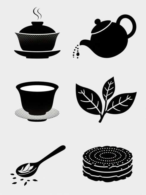 纯色背景上，以极简黑白剪影风格呈现的茶元素系列素材集合，包含六个完全不同的内容元素：1. 掀开盖子、蒸汽以颗粒质感螺旋上升的盖碗；2. 倾斜倒出茶水的茶壶，壶嘴有颗粒状水滴；3. 漂浮着茶叶的茶杯，杯沿有一圈颗粒纹理；4. 两片交叉的茶叶，叶脉以细密颗粒勾勒；5. 茶勺舀起茶叶的侧面剪影，茶叶呈颗粒状散落；6. 堆叠的茶饼，表面有同心圆颗粒纹路。所有元素均采用规整的几何剪影造型，边缘平滑，细节……预览效果