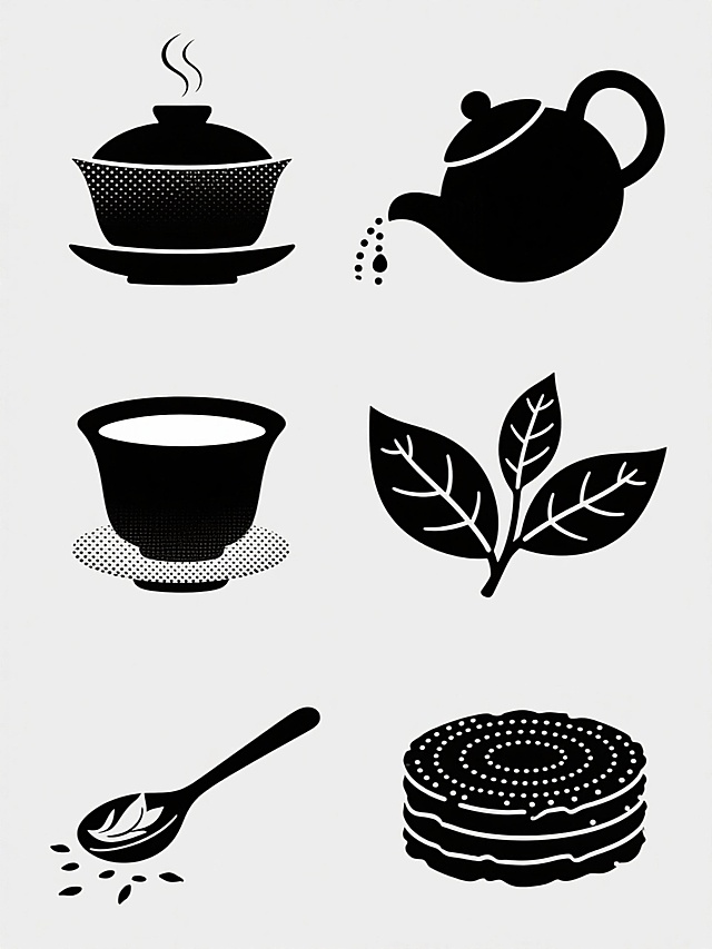 纯色背景上，以极简黑白剪影风格呈现的茶元素系列素材集合，包含六个完全不同的内容元素：1. 掀开盖子、蒸汽以颗粒质感螺旋上升的盖碗；2. 倾斜倒出茶水的茶壶，壶嘴有颗粒状水滴；3. 漂浮着茶叶的茶杯，杯沿有一圈颗粒纹理；4. 两片交叉的茶叶，叶脉以细密颗粒勾勒；5. 茶勺舀起茶叶的侧面剪影，茶叶呈颗粒状散落；6. 堆叠的茶饼，表面有同心圆颗粒纹路。所有元素均采用规整的几何剪影造型，边缘平滑，细节处运用点状颗粒质感表现烟雾、水滴、纹理等，整体排布整齐均衡，保持统一的极简设计感和黑白对比。