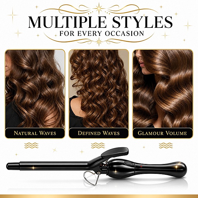 Página de múltiplos estilos premium estilo salão de beleza, fundo branco puro com detalhes dourados e estrelinhas brilhantes. Título elegante no topo: "MULTIPLE STYLES" em preto grande e "FOR EVERY OCCASION" em preto menor, com decorações douradas de linhas curvas e estrelas acima e abaixo. 3 fotos verticais retangulares com cantos arredondados e borda dourada fina, cada uma mostrando close-up de cabelo com estilo diferente e etiqueta preta com texto dourado na base: 1) ESQUERDA: ondas naturais soltas e brilhantes + etiqueta "NATURAL WAVES", 2) CENTRO: cachos definidos e volumosos + etiqueta "DEFINED WAVES", 3) DIREITA: ondas largas glamour com muito brilho e volume + etiqueta "GLAMOUR VOLUME". Abaixo das fotos, modelador de cachos preto de barril fino em destaque na horizontal, barril único fino, cabo ergonômico com curva, suporte de metal prateado em forma de coração, botão de controle, luz vermelha indicadora, acabamento preto brilhante com reflexos dourados e pontos de luz estrelados, com sombra suave e reflexo na base branca. Três pequenos ícones de ondas douradas alinhados acima do produto, um abaixo de cada foto. Estilo luxo e sofisticação, fotografia realista de alta qualidade, proporção 1:1, 4K, ultra detalhado