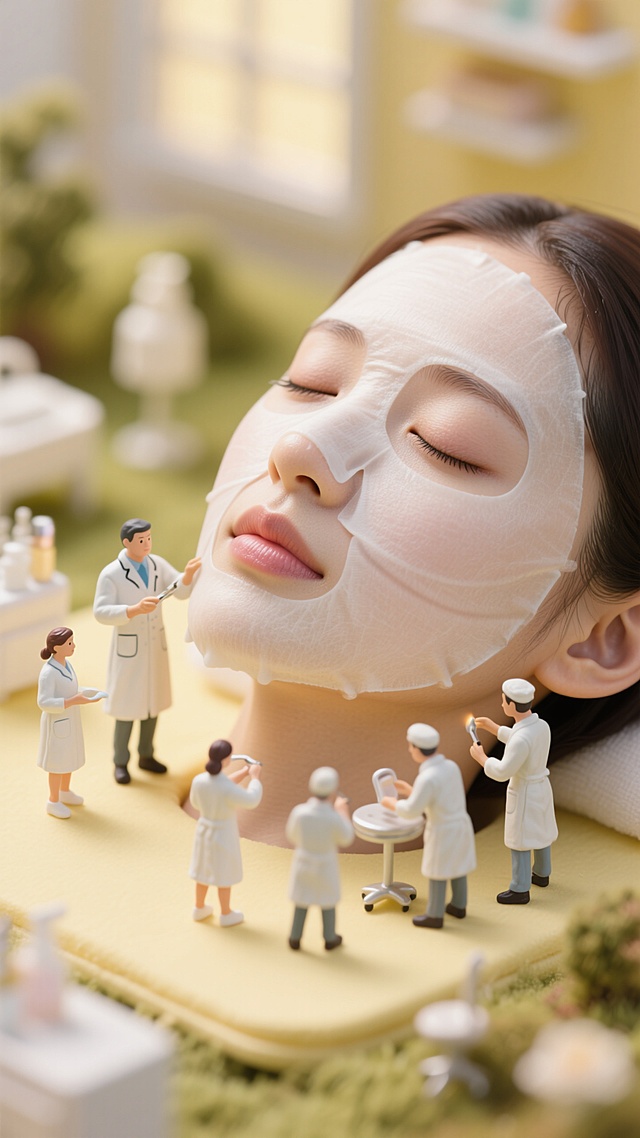 女性闭眼休憩，白色面膜如第二层肌肤般贴合全脸，几位迷你美容师在女性旁边检查。整体淡黄色为主色调，明亮温馨。