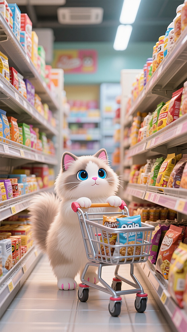 百货超市，头身比1:1的布偶猫推着购物车在买猫粮，眼睛闪亮四处张望，货架上摆满商品