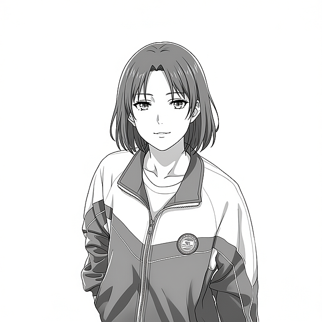 图片中的人物变成黑白日漫风格，背景白底，完整人物。