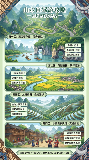 生成一篇山水自驾游攻略长图，采用航拍风景视角，营造浓郁民族氛围感，按照分区游玩进行文案排版，参考提供的桂林山水喀斯特地貌风格，画面清新自然预览效果