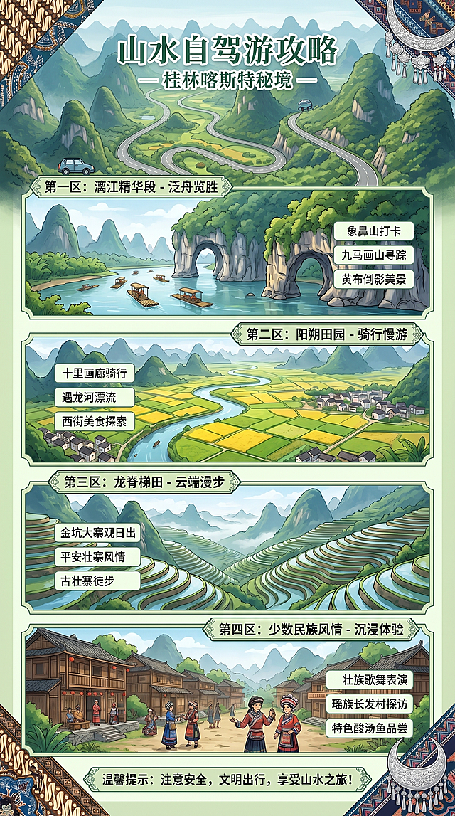 生成一篇山水自驾游攻略长图，采用航拍风景视角，营造浓郁民族氛围感，按照分区游玩进行文案排版，参考提供的桂林山水喀斯特地貌风格，画面清新自然