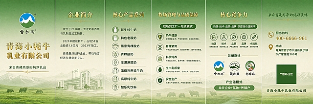 企业三折页展开图，横版六面布局，通体统一背景设计，简约商务高端风格，青海小牦牛乳业有限公司品牌宣传折页。

【通体背景】：整体采用渐变草原绿色到奶白色的通体背景，从上至下由深绿渐变到乳白，如同草原与牛奶的融合，背景中隐约有淡淡的青藏高原山脉轮廓线条和牦牛剪影纹理，低调不抢眼，六面背景完全连贯统一，折起来也能形成完整画面。

【第一面-封面】：上方放置企业Logo（圆形蓝白绿配色），中央大标题"青海小牦牛乳业有限公司"金色字体，副标题"来自青藏高原的纯净乳品"，底部有装饰性金色分割线。

【第二面-企业简介】：标题"企业简介"金色，正文：成立于2010年，专注奶牛养殖与乳制品加工销售。2021年建设新厂，占地51亩，总投资1.8亿元，2023年竣工。县级重点扶持企业，带动地方经济与就业410人。配小型工厂建筑线稿图标。

【第三面-核心产品】：标题"核心产品系列"金色，列出：牦牛纯牛奶、特色老酸奶、黑米青稞酸奶、青稞酸奶、冰淇淋酸奶、浓缩利乐枕牛奶、高原纯牛奶、酸乐乳饮料。每项配小图标。

【第四面-品质保障】：标题"牧场管理与品质保障"金色，五大模块图标+文字：奶牛健康、育种繁育、科学饲养、生牛乳质量、安全生产。"牧场到工厂一站式模式"。

【第五面-核心竞争力】：标题"核心竞争力"金色，五大维度：奶源·技术·品质·品牌·供应链 价值闭环。注册商标：雪尔玛、藏之巅、恋卓玛。产业化模式：龙头企业+基地+养殖户。

【第六面-封底】：顶部slogan"来自青藏高原的纯净美味"，中部：服务热线400-6666-961，地址：青海省西宁市大通县长宁镇下严家庄村366号。右下角二维码占位符（纯色方块+"二维码占位"文字）。底部企业名称。

版式精美，通体背景连贯统一，折痕处背景图案自然衔接，金色文字与绿色背景搭配高级，商务专业，印刷级品质。所有信息区域填充完整，无空白框。数字精确渲染。