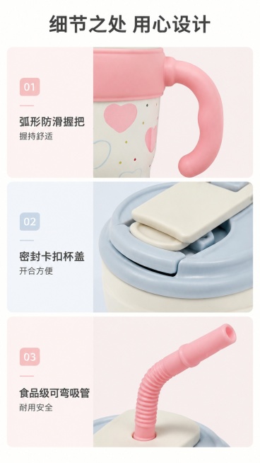 [第7屏] 材质细节微距展示，三格分别呈现把手、杯盖、吸管细节。
[氛围/风格] 高清细节展示，清晰锐利商业摄影质感。
[元素布局] 顶部标题，下方三格竖向排列，每格展示一个细节特写：第一格展示粉色把预览效果