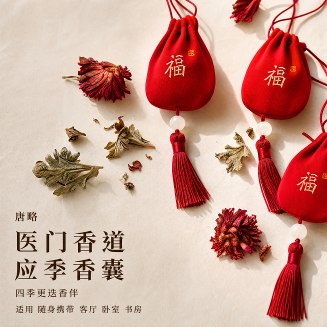 [主图-5] 原料·红的溯源，几只红色香囊旁边，散落着几朵干红花、几片艾叶，呈现原料与成品的呼应，保持唐略四季香囊外观，物理结构，材质质感，红色颜色与输入产品图绝对一致，杜绝任何变形和色差，精细化处理预览效果
