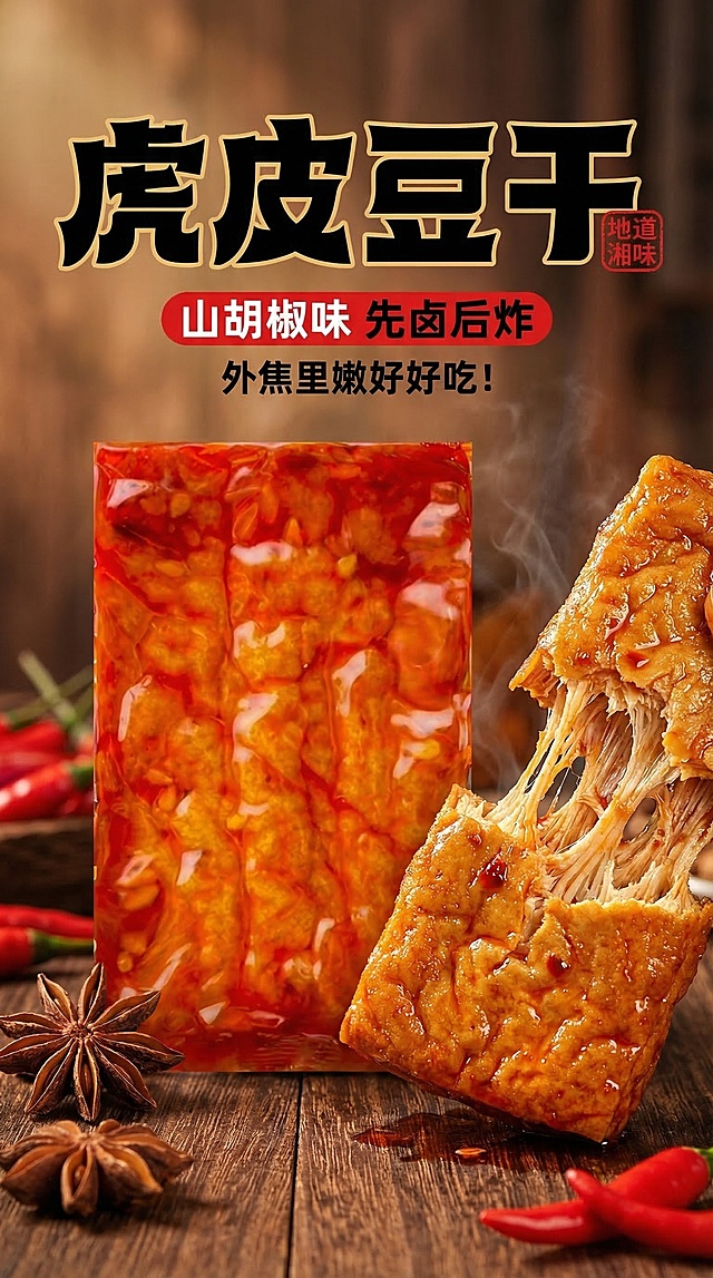 9:16竖版商品主图，山胡椒味虎皮豆干包装袋居中放置，包装袋展示红油光泽的豆干，旁边摆放一块掰开的豆干拉丝纹理清晰，背景放在深木质桌面，搭配干八角和新鲜红辣椒，暖调浓郁烟火光影，全屏铺满无白边，主标题文字"虎皮豆干"，副标题"山胡椒味 先卤后炸"，文字分别置于顶部和底部，主标题黑色粗体大字号，副标题红色小字号，地道湘味浓郁食欲