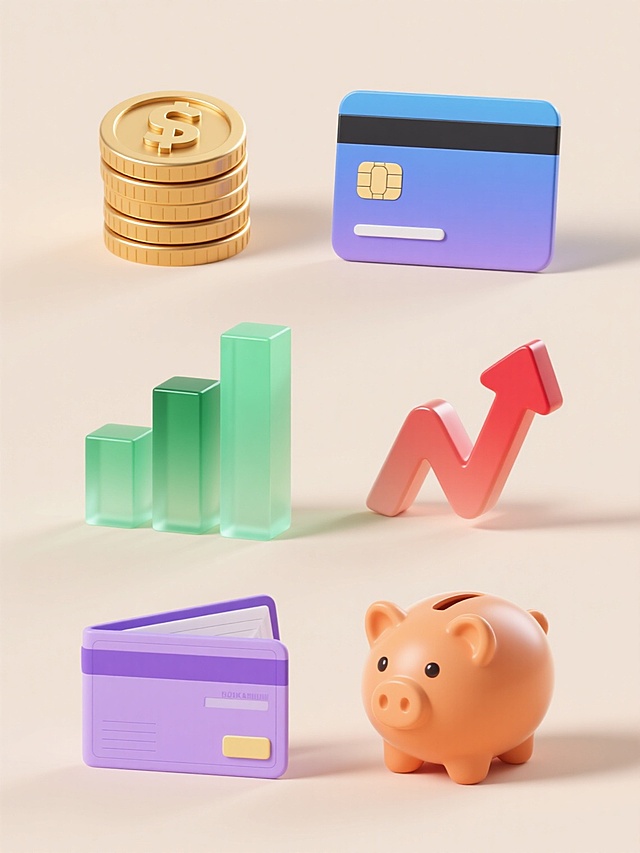 3D立体风格金融元素插画，浅色背景，上下两行对齐排列六个不同配色、不同样式、不同材质的金融相关元素，整体采用柔和渐变色彩，光影明亮柔和，高光清晰，阴影细腻自然，物体边缘平滑圆润，具现代简约设计感，每个元素细节丰富，材质质感鲜明，第一行从左到右依次为：金色硬币堆叠造型，表面有货币符号浮雕，金属光泽质感；蓝色渐变信用卡，带有芯片和磁条细节，光滑塑料材质；绿色柱状图表，立体几何形态，半透明亚克力质感，第二行从左到右依次为：红色上升箭头，流线型设计，磨砂金属材质；紫色银行存折，带有折叠细节和纸张纹理，哑光纸质材质；橙色储蓄罐，卡通造型，光滑陶瓷材质，所有元素独立清晰，布局均衡有序，整体视觉统一和谐。