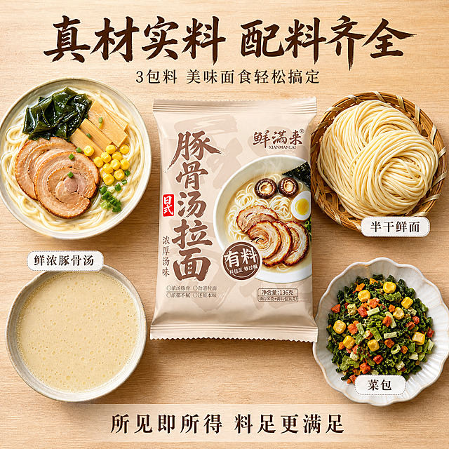 [主图-4] 料包足量丰富配料展示图（修正版：无蒜油包）。
[氛围风格] 丰富满足感 食材平铺展示 真实有料 高清实拍。
[画质] 商业美食摄影 各料包内容物清晰可见 质感真实 色彩饱满。
[元素] 画面采用俯视平铺构图 中央是鲜满来豚骨汤拉面包装袋 包装袋外观与输入产品图完全一致 包装袋打开 周围环绕摆放所有真实料包内容物 包括：1.半干鲜面（竹篮中放着一团卷曲的鲜面条 淡黄色 质感筋道） 2.鲜浓豚骨汤（倒出一小碗浓稠奶白汤展示 汤面油亮） 3.菜包（倒出脱水蔬菜干展示 包含裙带菜 玉米粒 胡萝卜丁 葱花等）。三大料包围绕包装袋呈三角形摆放 整齐丰富。上方还放着一碗煮好的成品拉面 碗中有叉烧肉 裙带菜 玉米粒 笋片 葱花 与参考图配料一致。背景是浅木色砧板纹理。画面满屏无边框 整体丰富饱满。保持产品包装袋外观与输入产品图一致。
[光影] 均匀柔和顶光 各食材表面有自然光泽 阴影浅淡 整体明亮干净。
[配色] 主色调暖木棕 辅色奶白 点缀色绿（裙带菜）黄（玉米）丰富色彩。
[视角构图] 正上方俯视 平铺陈列式构图 包装袋居中 配料环绕 视觉均衡饱满。
[文字版式] 顶部居中主标题大字写"真材实料 配料齐全" 粗书法体深棕色。下方小字写"3包料 美味面食轻松搞定"。每个料包旁用小标签标注名称 如"半干鲜面""鲜浓豚骨汤""菜包" 白色小标签深棕字。底部半透明条写"所见即所得 料足更满足"。
[输出要求] 1:1比例 文字清晰可辨 超高清商业摄影质感。
[负向提示词] 变形 文字错乱 产品模糊 背景杂乱 水印 电商平台Logo 蒜油包。