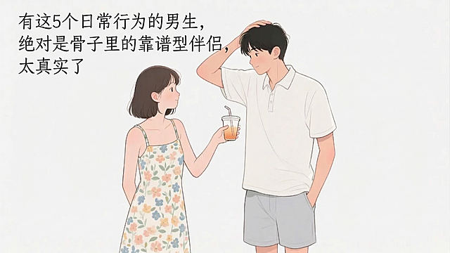 在图片左上角空白位置添加文字："有这5个日常行为的男生，绝对是骨子里的靠谱型伴侣，太真实了"，保持图片原有插画风格不变，保留原图中的情侣形象，仅添加指定文字即可