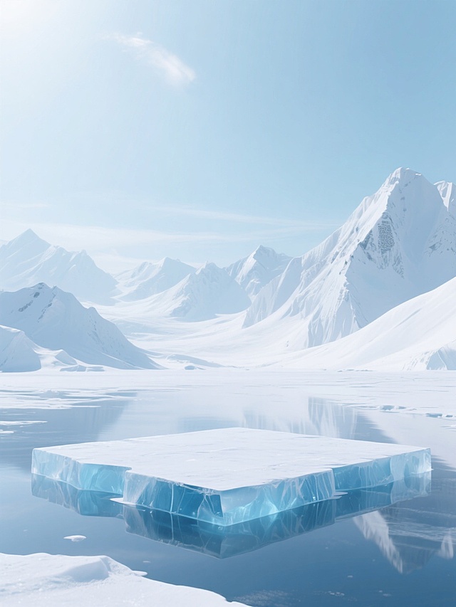 3D渲染风格的雪山冰川场景，以纯净的白色和不同层次的蓝色为主色调，明亮柔和的自然光从画面上方洒下，形成细腻的高光和淡淡的阴影，展现出冰雪的通透质感和光滑表面，远处是连绵起伏、棱角分明的雪山群峰，近处是平静如镜的冰面，中央有一块巨大的、边缘带有蓝色冰纹的浮冰平台，整体构图开阔大气，营造出清冷、纯净、宁静而神秘的氛围，画面中无任何文字、LOGO及二维码元素。