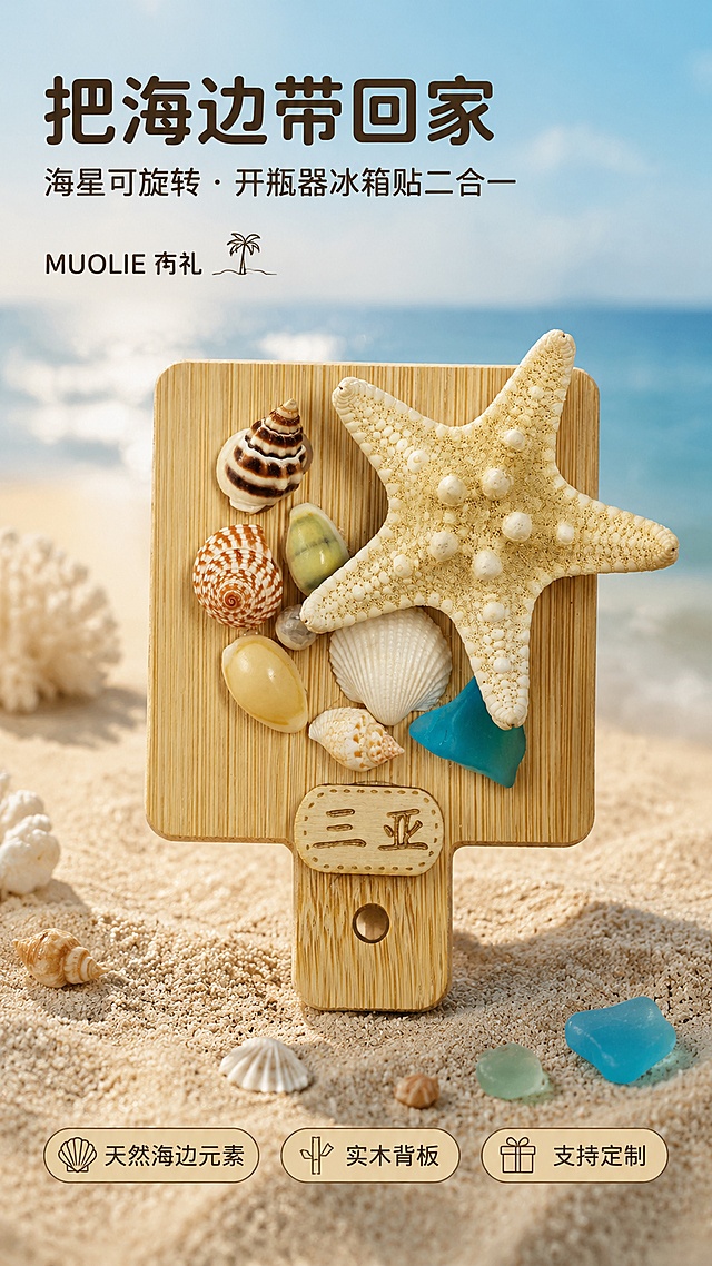 [第1屏] 详情页头图-海边文创开瓶器冰箱贴主视觉海报。本屏使用【图1】作为商品主体正面展示。
[氛围/风格] 清新治愈海边文创风，暖木色与海蓝渐变，文艺种草调性，商业摄影质感，自然光感柔和。
[元素布局] 产品正面置于画面中央偏右，占比约55%；左侧为浅米色沙滩质感台面，散落细沙、小贝壳、海玻璃碎片；背景是淡蓝色海天渐变，有柔和光斑；产品物理结构、竹木背板、海星贝壳海玻璃元素、三亚木牌与输入图完全一致，海星突出可旋转趣味感。
[光影质感] 左上方柔和自然光，右下自然投影，海星凸起颗粒有细腻高光，竹木纹理清晰，整体明亮通透。
[配色色系] 全局底色 #F5F0E6（暖沙米色）；主色竹木浅棕黄 #D4B896；辅助色海蓝 #5BA4C7、贝壳白 #FFFFFF。
[视角构图] 正面微俯视45°，产品为视觉中心，阅读动线左上标题 → 中部产品 → 底部信息条。
[文字版式] 左上标题区：主标题「把海边带回家」，副标题「海星可旋转 · 开瓶器冰箱贴二合一」，圆润文艺黑体；标题下方小字品牌「MUOLIE 冇礼」；底部信息条：「天然海边元素 实木背板 支持定制」三个圆角标签横向排列；文字不遮挡产品主体。
[比例分辨率] 9:16 竖版比例，4K 分辨率，文字清晰可辨，高清画质。
[负向提示词] 产品变形，缺件错件，结构错误，颜色偏差，水印，文字错乱，文字过小，背景杂乱，产品图模糊。
