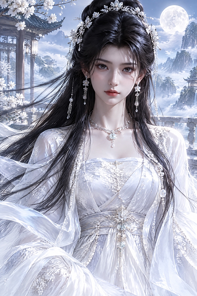 基于参考图中的女子进行古风化重绘，保持她本人的辨识度：年轻鹅蛋偏瓜子脸、细长平缓柳叶眉、深邃平静的杏眼、高挺笔直鼻梁、唇形饱满嘴角平直、乌黑浓密长发，神情清冷高贵、眼神专注平静。将她绘制成古风仙子形象：身穿纯白华丽古风长裙，衣料精致华丽、衣袂翩翩，青丝如云，梳着高髻云鬓，配以白玉、珍珠步摇或银色发饰，两鬓保留轻盈碎发。背景为仙气氤氲的古风场景，云雾、月色庭院或远山，光线明亮通透，整体氛围仙侠出尘、清冷唯美。画面中不要出现任何文字。