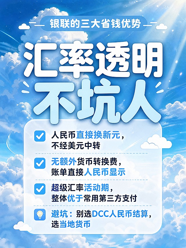 小红书笔记大字封面，插图大字，新海诚天气之子风格，版式精美，小红书笔记封面质感，适合信息流点击。主标题必须完整呈现且为画面视觉中心，逐字锁定：「汇率透明不坑人」。主标题字号占画面约45%视觉权重，清晰可读，不得增删改字。顶部标题：「银联的三大省钱优势」。中央白色半透明圆角卡片内文字：「✅ 人民币直接换新元，不经美元中转」「✅ 无额外货币转换费，账单直接人民币显示」「✅ 超级汇率活动期，整体优于常用第三方支付」「💡 避坑：别选DCC人民币结算，选当地货币」。重点信息用天蓝色高亮。背景：全屏天气之子标志性积云天空特写，青蓝到浅蓝渐变，丁达尔光效穿透云层，通透干净，柔焦积云，带轻微胶片颗粒感。标题排版：画面中央白色半透明圆角卡片承载内容，字体圆润柔和扁平粗体，白色字，重点词天蓝色高亮。装饰：极简云朵小图标点缀，扁平风格。整体氛围：清透治愈，安心感。画质：高清细腻，信息层级清晰，文字完整处于安全区内不可裁切，四周留安全边距。画面比例3:4，4K。