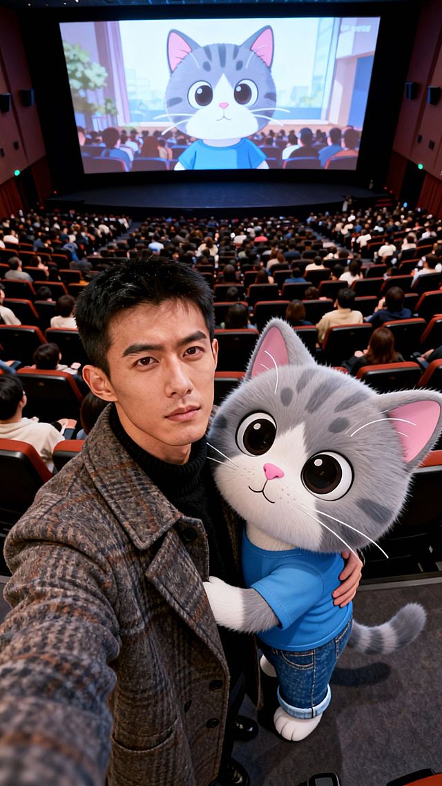 请将图1和图2的人物融合成一张俯拍照，画面构图紧凑，主体靠得很近互相拥抱，头部略微上仰，两人头部都正对镜头，眼神直视镜头，营造出强烈的视觉冲击力，背景为超大电影院坐满了观众，两位背对银幕，银幕显示图2形象的拓展剧情画面填满全屏。