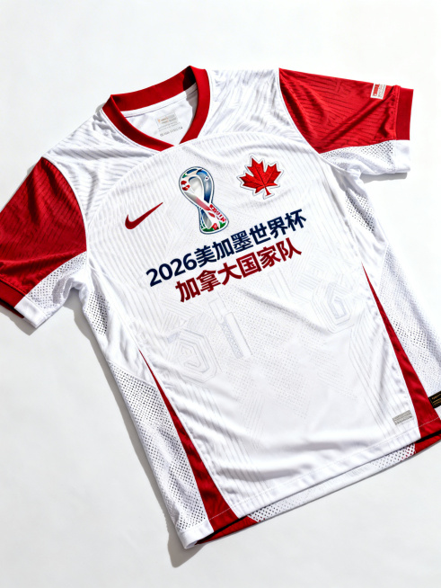 2026美加墨世界杯加拿大国家队球衣商品展示图，东道主主题，专业电商商品图，干净背景，细节清晰，运动球衣质感预览效果