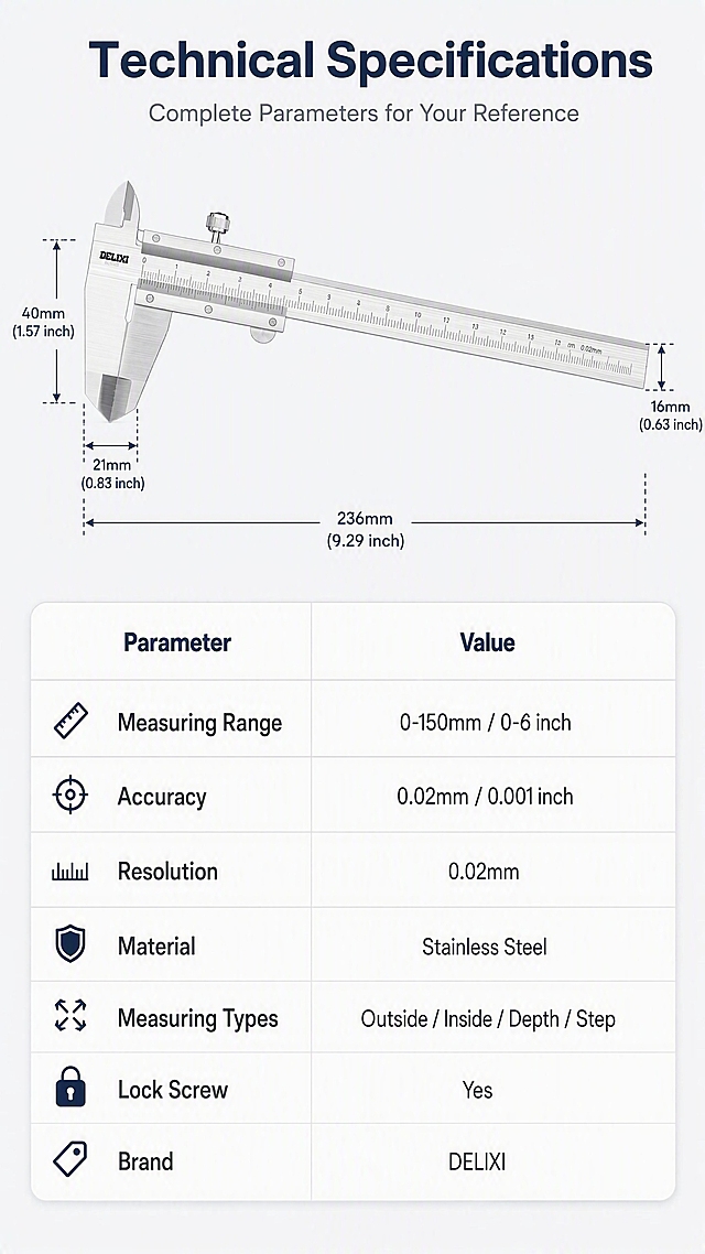 Amazon product detail page - specifications and parameters. DELIXI vernier caliper shown at top in clean side view, about 25% of frame, product appearance matching reference exactly. Below the product, dimension annotation lines showing key measurements with arrows. Lower half has a clean parameter table with two columns: Parameter and Value. Specifications include: Measuring Range: 0-150mm / 0-6 inch, Accuracy: 0.02mm / 0.001 inch, Resolution: 0.02mm, Material: Stainless Steel, Measuring Types: Outside / Inside / Depth / Step, Lock Screw: Yes, Brand: DELIXI. Background is clean light gray #F0F2F5 with white table card design. Top title: "Technical Specifications" and subtitle: "Complete Parameters for Your Reference". All text in English, modern sans-serif font, dark gray and navy colors. Minimalist clean design, easy to read. Both metric and imperial units shown. No Chinese characters. 9:16 vertical ratio, 4K resolution, clear table layout, professional product spec sheet quality.