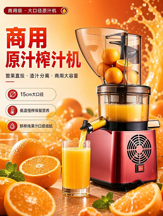 [商品] 使用【图1】商用原汁榨汁机，酒红色金属机身、茶色透明上盖与榨汁腔、黑色螺旋推进器、出汁口正在流出橙汁、左侧玻璃杯接满橙汁；保留产品结构、颜色、材质、出汁方向、开关按钮、散热风扇位置，不改变机身比例和部件位置；自然增强金属质感与果汁通透光泽。
[画面] 首屏海报，目标第一眼传达商用原汁榨汁机产品与鲜榨食欲感；左文右图构图，产品占画面65%位于右侧视觉C位，左侧留白放标题文案；前景散落新鲜橙子、橙片、薄荷叶，中景产品正在出汁，背景为暖橙色渐变 + 虚化鲜果与果汁飞溅元素，营造生鲜氛围；顶部有细信息条标注"商用级 · 大口径原汁机"。
[视觉] 套系策略：风格=国内电商商业摄影风，高质感生鲜氛围；标题字=粗黑体大字，醒目有力；正文字=简洁无衬线体；主色=橙红色；背景延展=基于橙红做深浅渐变、同色系光斑、鲜果虚化背景；强调色=深酒红，仅用于小面积标签、引线、图标点缀；标题色=深橙红 + 正红渐变；正文色=深棕灰；组件=圆角信息卡、细线引线、圆形卖点标签；光影=左前侧暖柔光，果汁通透高光，机身金属反光。
[文字] 左侧上方主标题两行大字"商用原汁榨汁机"，橙红渐变配色；副标题"整果直投 · 渣汁分离 · 商用大容量"；下方3个短卖点胶囊："15cm大口径""低温慢榨保留营养""鲜榨纯果汁口感细腻"；文字不遮挡产品主体与出汁口。
[规格] 图片比例3:4竖版，4K分辨率，负向提示：避免变形、错字、文字过小、冷蓝背景、产品颜色改变、部件缺失、结构失真、白底孤立产品。