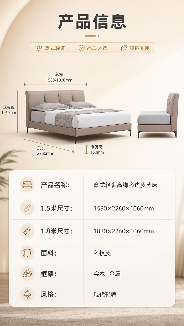 [商品] 使用【图1】意式轻奢高脚齐边皮艺床；保留床头软包造型… - 图片创意预览