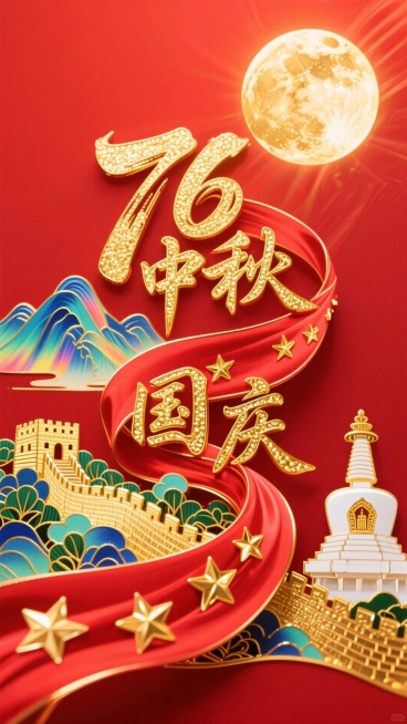 红色背景。主标题笔触飘逸的金色艺术字76 “中秋 国庆”，一条突出的动态感强的红色绸布（表面凸显金色星星）贯穿缠绕文字，金色大月亮、山脉、长城、北海白塔穿插其在文字周围预览效果