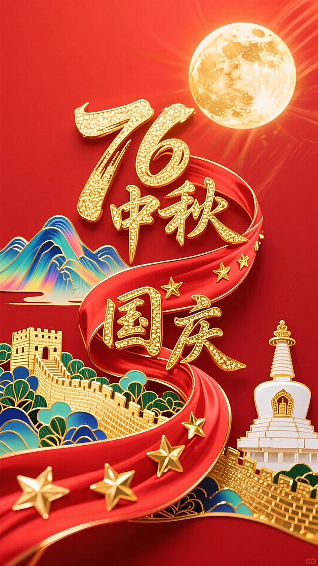 国潮风3D设计，鎏金大字“76中秋国庆”跃然于红绸之上，浮雕长城、白塔与明月辉映，尽显喜庆中式民族风情。