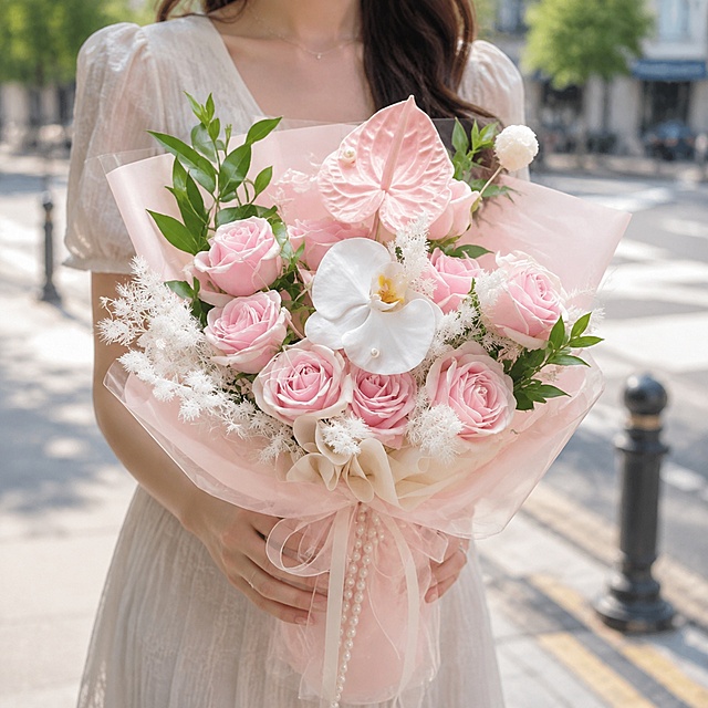 基于图1的粉色玫瑰花束进行修改：1. 去除花束左侧和右侧的2支大型白色羽毛装饰；2. 在花束中添加2支图2中的绿色九星叶，自然间插在花材之间，其他原有花材保持不变；3. 去除花束包装上方的白色带喜字贺卡卡片；4. 花束整体精修优化，花材饱满有质感，包装精致；5. 更换背景为白天户外城市街道街拍背景，自然光柔和明亮，背景虚化突出花束；6. 在画面中添加一位美女正面抱着这束花，只露出身体和手臂手部，不要露脸，姿态自然优雅；整体为清新浪漫街拍摄影风格，色调明亮柔和，构图美观。
