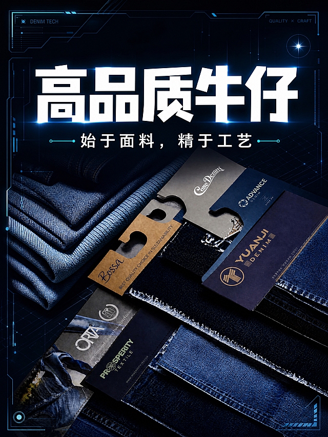 小红书笔记大字封面，配图大字，科技未来风格，版式精美，小红书笔记封面质感，适合信息流点击。版式骨架、分区比例、色调体系与参考图保持一致（相似度约70%），文案与配图换为用户本次内容。主标题必须完整呈现且为画面视觉中心，逐字锁定：「高品质牛仔」。主标题字号占画面约50%视觉权重，清晰可读，不得增删改字。副标题：「始于面料，精于工艺」。背景：深海军蓝至黑的科技感渐变，叠加极简电路网格与细光线，低饱和未来工业氛围，非黄底。标题排版：扁平超粗黑体/sans（非3D立体），白色主标题搭配电光青高亮，简洁高级，副标题为细一号白字，主次分明。配图：采用【图1】牛仔面料与样卡作为画面主体与底图，严格保留图1中牛仔布料的轮廓、颜色、材质与细节，置于画面中下部；【图2】为版式参考，保留其标题居中、副标题正下方的构图逻辑。装饰：极简科技感细线框/HUD角标点缀画面角落，1个简洁光点贴纸，克制不拥挤，不遮挡标题。整体氛围：高级、科技、面料质感与未来感融合，信息层级清晰，构图稳定。画质：高清细腻，强对比，文字完整处于安全区内不可裁切，四周留安全边距。画面比例3:4，4K。图生图：严格使用用户上传图片，【图1】= 商品底图/主体，【图2】= 版式参考，顺序与上传一致。