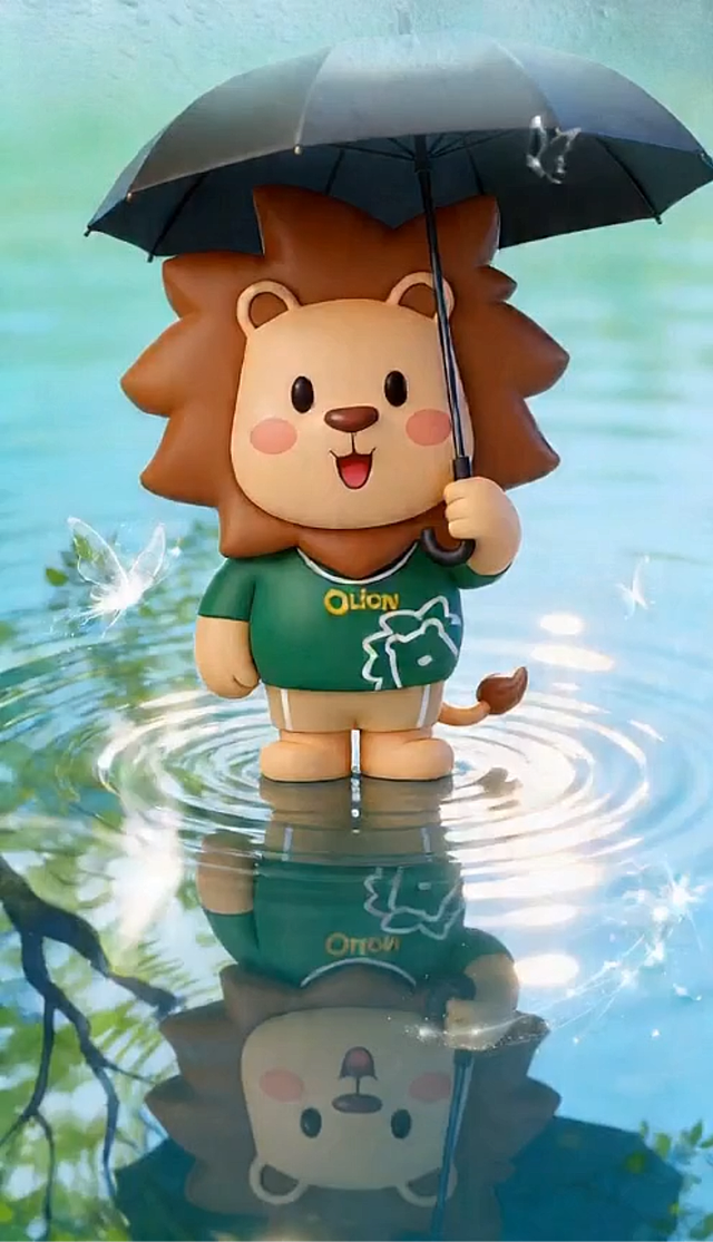 软3D风拟人小狮撑伞雨中行，梦幻水影蝴蝶环绕，清新柔和卡通感十足。清明时节雨纷纷，路上行人