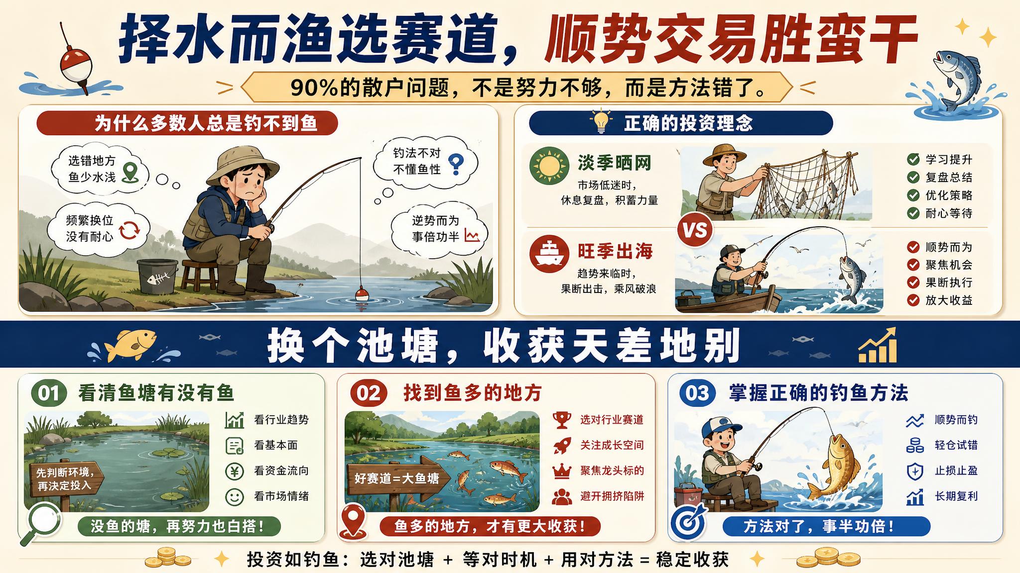 一张16:9横版金融投资知识海报，扁平插画风格，以钓鱼类比股票… - 图片创意预览