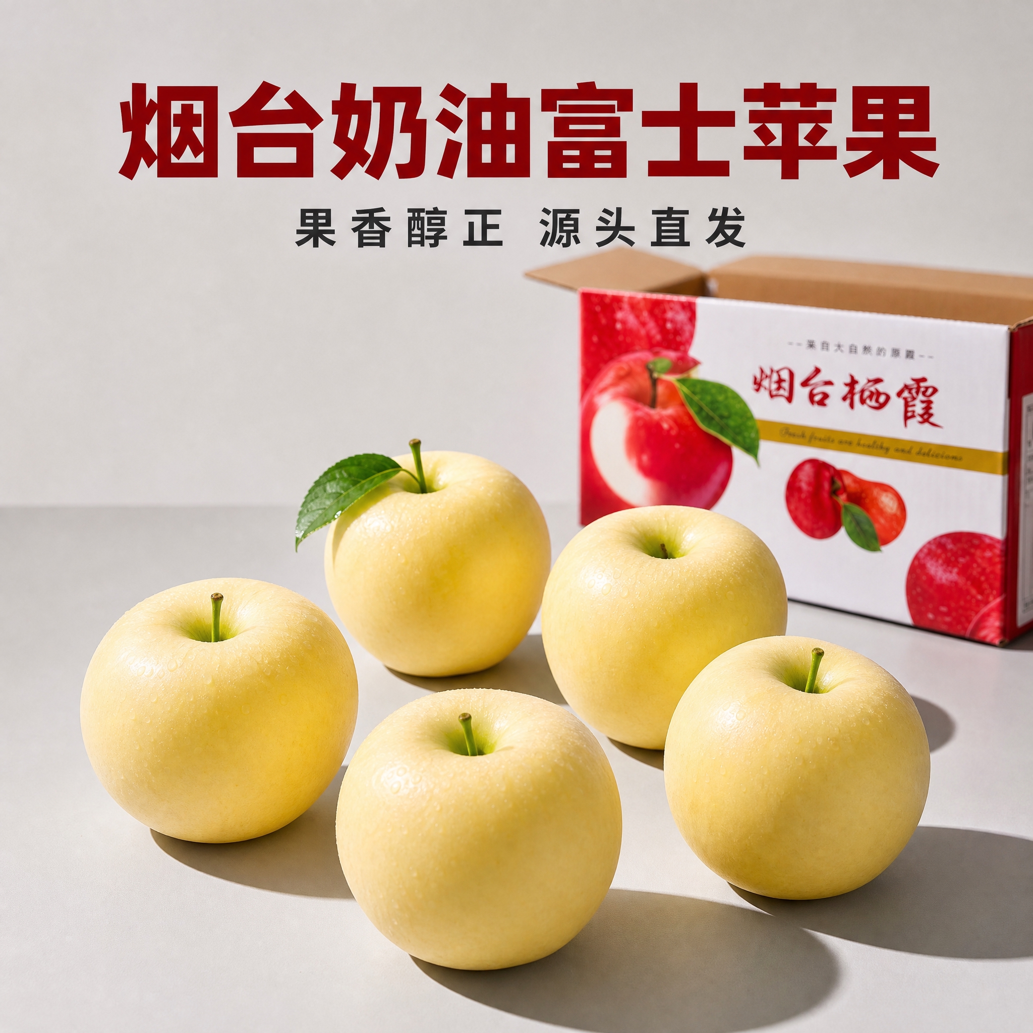 基于提供的烟台奶油富士苹果产品图和包装箱图，生成京东电商主图第… - 图片创意预览