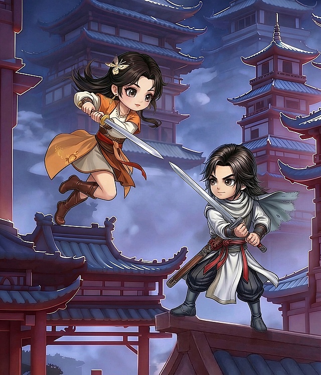 将图中两个人物的脸修改为Q版，放大眼睛，其余元素保持不变